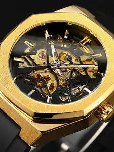 Men's Automatic Mechanical Watch, Waterproof Night Glow Octagonal Case, Silicone Strap, Business Sport Dual Use, Luxury Trendy Design, Skeleton Automatic Watch, Skeleton Wristwatch, Fashionable Watches, High Quality Watches