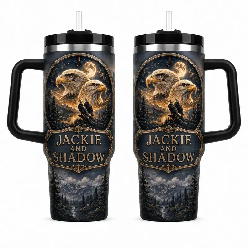 Retro Personalized Jackie & Shadow Bald Eagle 40oz Stainless Steel Insulated Tumbler with Handle & Straw, Custom Name Travel Mug, American Eagle Nature Cup, Wildlife Lover Gift