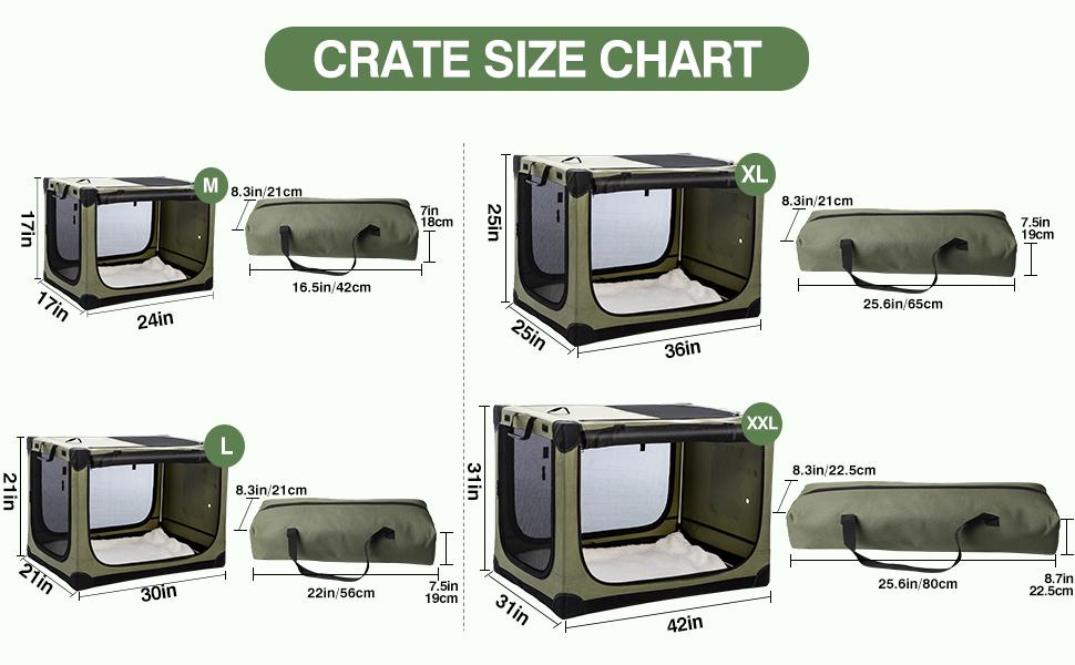 Collapsible Travel Dog Crate for Medium Large Dogs Portable Oxford Cloth 4-Door Foldable Soft Kennel with Chew-Proof Mesh Windows for Indoor & Outdoor Travel with Storage Bag Green - Animal Carrier