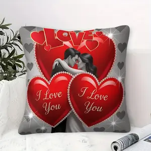 Romantic Love-Themed Throw Pillow with Inner Cushion, 45cm Square Pillows, Featuring A Rhinestone Red Heart and "I Love You" Print Pattern. Soft Comfortable Decor for Bedroom & Sofa,Warm and Sweet Soft Furnishing