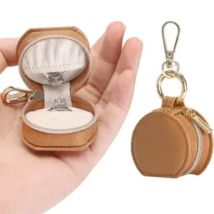 Jewelry Ring Holder Storage Box with Keychain, Portable Gym Jewelry Storage Case, Small Travel Ring Earring Stud Necklace Storage Case for Women Girl (Brown)