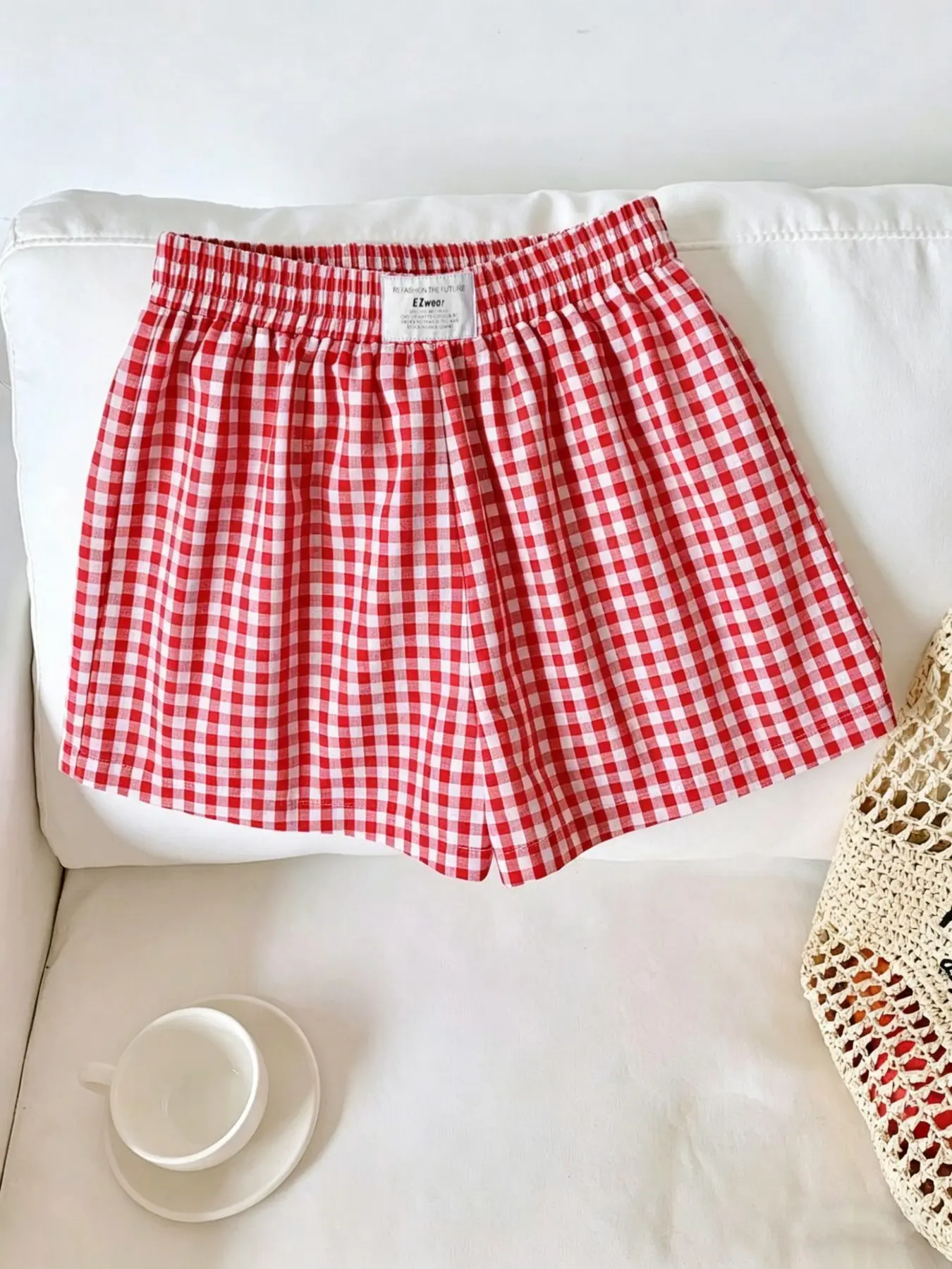 American Street Style Plaid Oversized Shorts, Loose-Fit Casual Wear, Breathable Women's Summer Home and Sport Fashion, Waist Label Design, Womenswear, Bottom