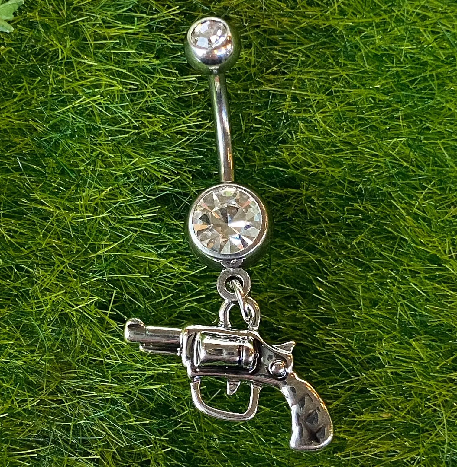 Gun Dangle Belly Ring CZ Gem Prong Set 316L Surgical Steel Pierced Navel