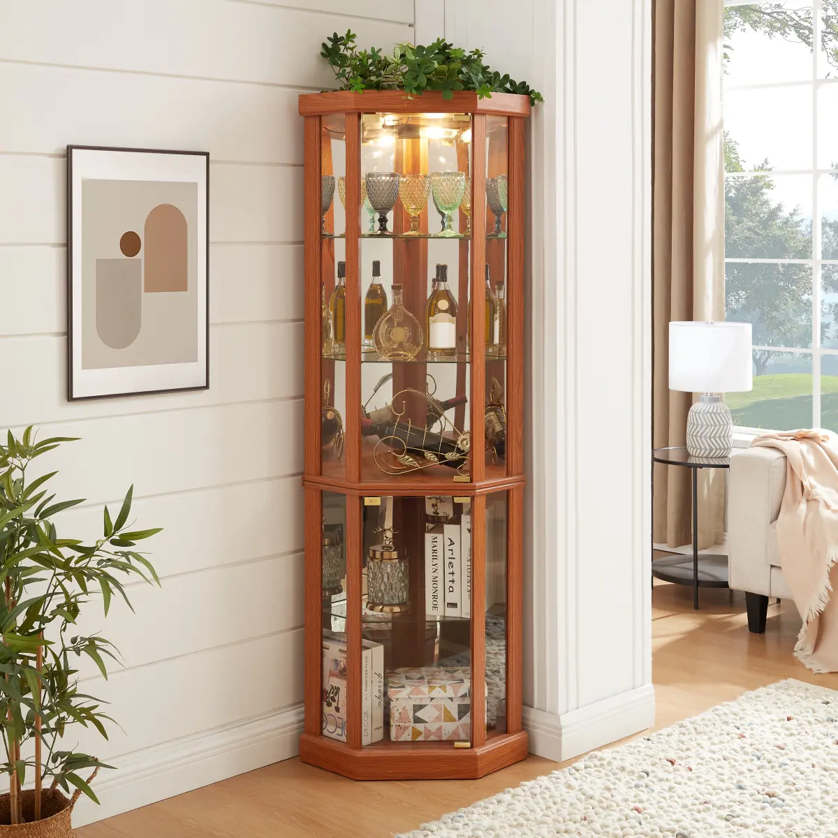 16.5*16.5*69.85 Inch American Classical Curved Glass Display Cabinet Mirrored Back Panel Adjustable Glass Shelves Built-In Lighting Magnetic Glass Door 150LBS Total Capacity Anti-Toppling Tall Storage Curio Cabinet for Home Living Room Bedroom