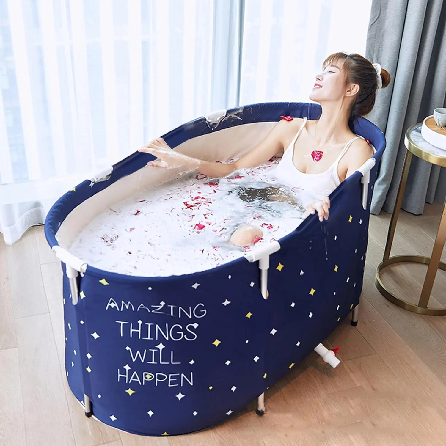 Portable Folding Deep Soak Bathtub for Adults - Thick Thermal Foam Temperature Retention, Freestanding for Shower Stalls, Family Bathroom SPA Tub, Starry Night Blue, Deep Soak Tub, Thick Foam