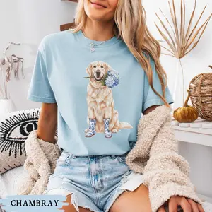 Comfort Colors  Floral English Cream Golden Retriever Shirt, Golden Toile Teacher Tee, Coquette Golden Lover Gift, Flower Dog Mom Top Womenswear Cotton Fabric