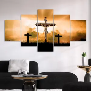 Jesus Crucifixion Pattern Canvas Unframed Painting Artwork, 5 Counts/set Creative Wall Art Poster, Wall Art Decor for Home Living Room Bedroom Office, Ornaments