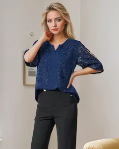 V-Neck Jacquard Blouse Women's Casual Mid-Sleeve Loose Shirt Top  LE-SY088