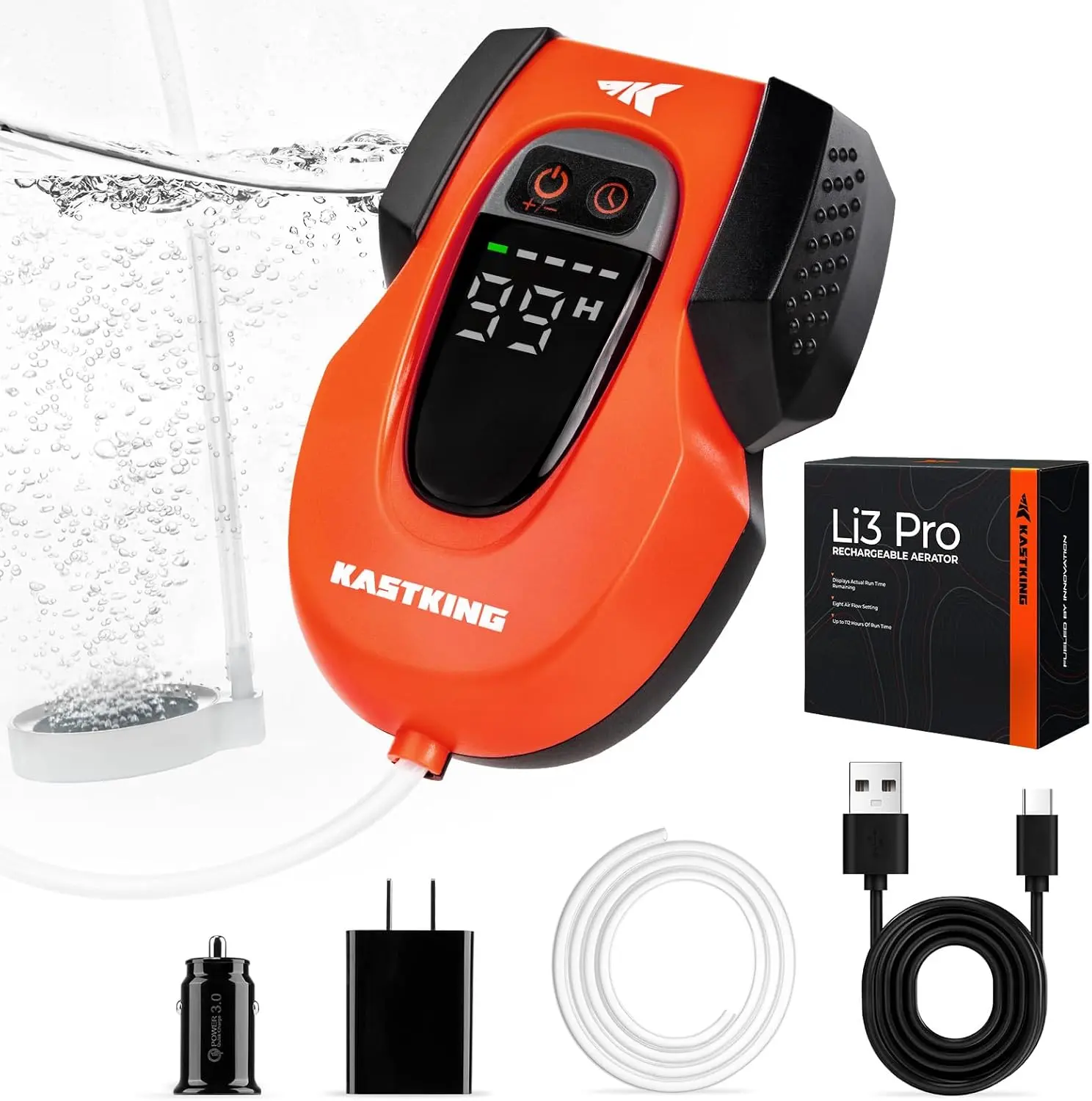 KastKing Li3 Rechargeable Live Bait Aerator, Lithium-Ion Battery, LCD Runtime Display, Large Aeration Stone, Aerator for Fish and Bait Buckets