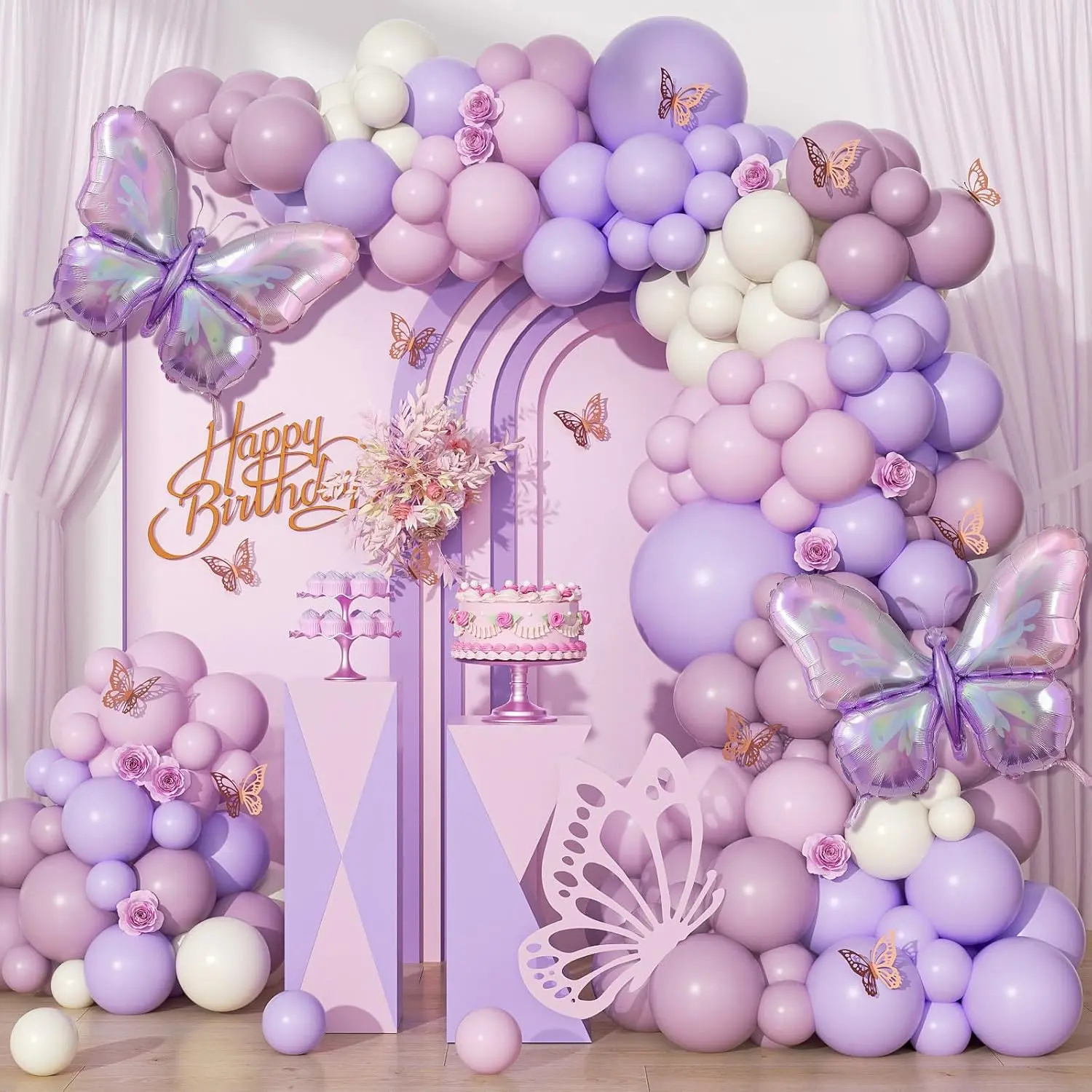 Purple Balloon Arch with Butterfly Decorations for Birthday Party Decorations