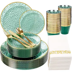 175 Pcs Green Dinnerware Set (25 Guests), Hammered Sets, Green Set include 50 Disposable Set, 75 Gold Silverware, 25 Cups 25