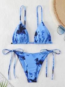 Two-Piece Set Women's Tie Dye Print Bikinis Set, Adjustable Strap Triangle Swim Bra & Tie Side Swim Bottom, Ladies Summer Swimwear Beach Bathing Suit for Beach Holiday Vacation