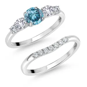 Gem Stone King 10K White Gold Blue Lab Grown Diamond and White Created Sapphire and Lab Grown Diamond Wedding-Ring-Sets Ring For Women | 0.85 Cttw | Round 5MM | Gemstone April Birthstone