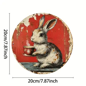2D Flat 1pc Vintage Rabbit & Coffee Wall Decor - 8x8 Inch Round Rabbit-Themed Coffee Sign, Rustic Farmhouse Rabbit for Easter, Kitchens, Cafes & Home - Aluminum Metal Plaque with Rabbit Motif