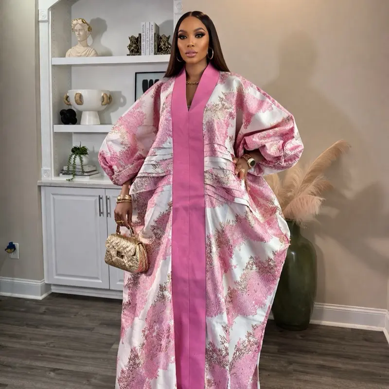 Women's Islamic Modest Shewa Pattern Damax Boubou Kaftan - Pink & White Floral Ethnic Pattern Dress, Elegant Relaxed Flow Long Garment for Wedding, Evening Events, Ethnic Pattern Kaftan, Kaftans