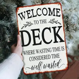Vintage Deck Metal Sign 8x12 Inch Welcome to the Deck Aluminum Wall Decor for Patio Bar Cafe Rustic Distressed Deck Rules Outdoor Art