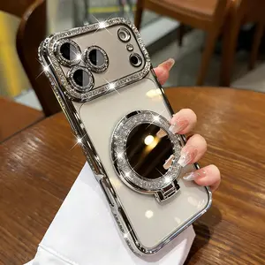 Luxury Rhinestone Phone Case for iPhone 17 Pro Max/16 Pro Max/15/14/13/12/11 - Elegant Design, Mirror & Stand, Included Lens Protector, Clear Silicone Shockproof Cover