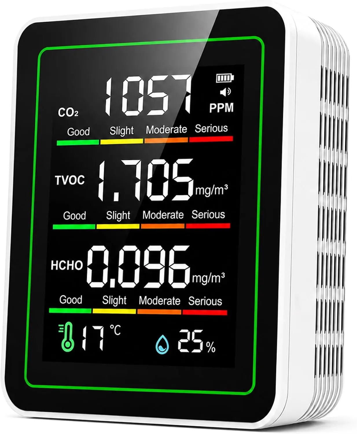 8-in-1 Indoor Air Quality Monitor - Portable CO2, Formaldehyde HCHO, TVOC Detector with Color LCD Screen, Temperature & Humidity Tester, USB-Rechargeable Meter for Home, Office