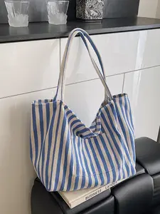 Oversized Canvas Stripe Tote Bag for Women, Casual Style Handbag for Travel, Shopping, and Vacation, Perfect Student Bag for All Seasons