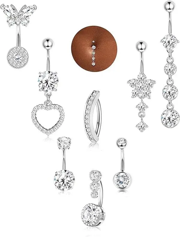 ORAZIO Gold Belly Button Ring Set 8pcs Hypoallergenic 316L Surgical Steel 14G Piercing Jewelry for Women with CZ Heart Flower Butterfly Designs