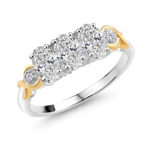 Gem Stone King 3-Stone Oval Engagement Ring for Women | 925 Silver and 10K Yellow Gold | Gemstone Birthstone and Lab Grown Diamond | Oval 6X4MM | Wedding Anniversary Ring