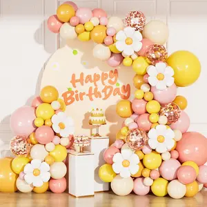 Boho Daisy Balloon Arch Garland Kit, 136Pcs Groovy Balloons Set with Pink Yellow Orange Nude Balloon, Daisy Flower Balloons for Two Groovy Birthday Shower Wedding Party Decorations
