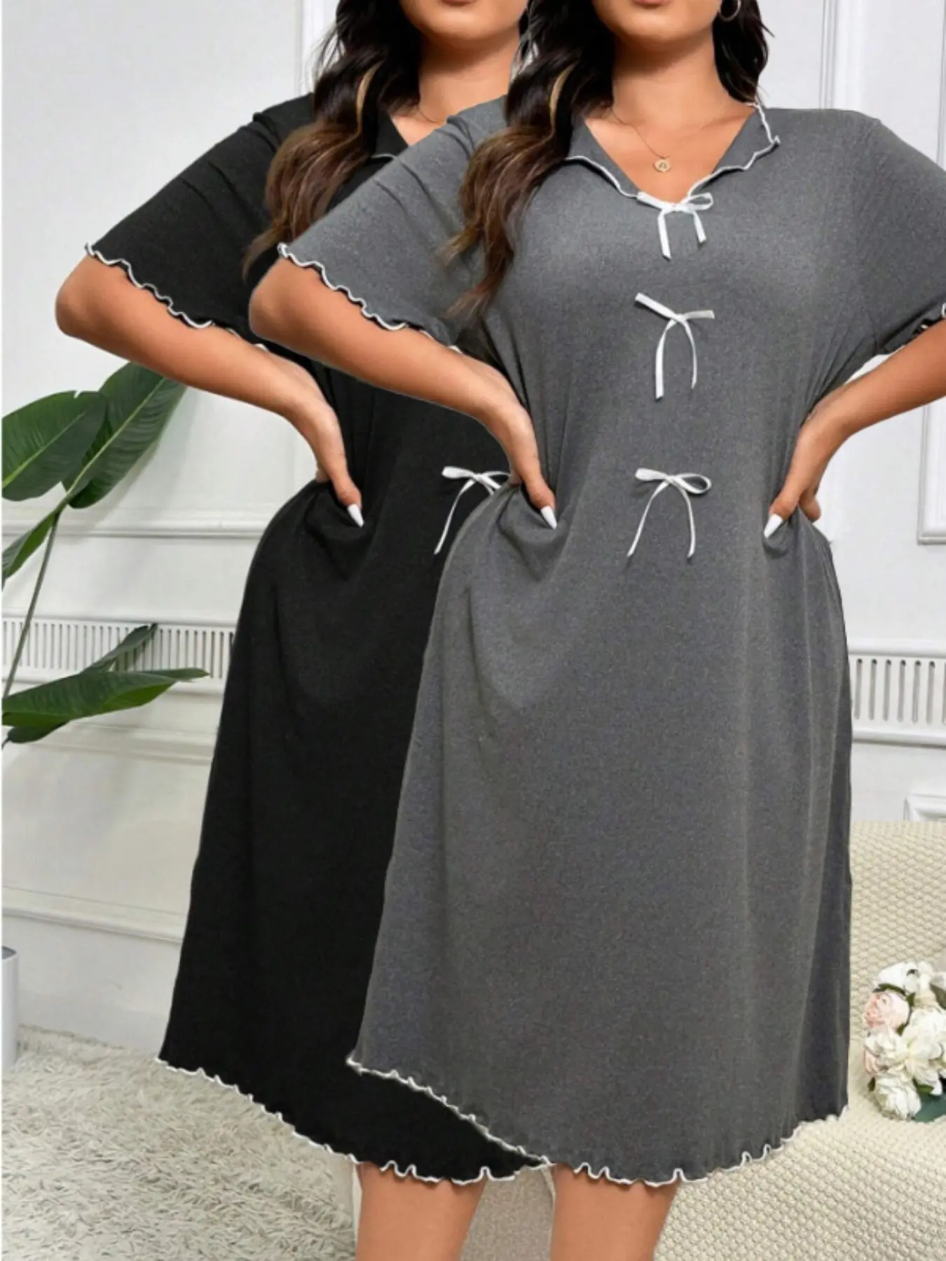[2pcs]Women's Plus Size Bowknot Decorated Wooden Hem Casual Comfortable Sleepwear Loungewear Womenswear, Loose-Fitting Home Clothes, 2 Pcs Set
