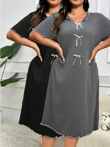 【2pcs】Women's Plus Size Bowknot Decorated Wooden Hem Casual Comfortable Sleepwear, Loose-Fitting Home Clothes, 2 Pcs Set