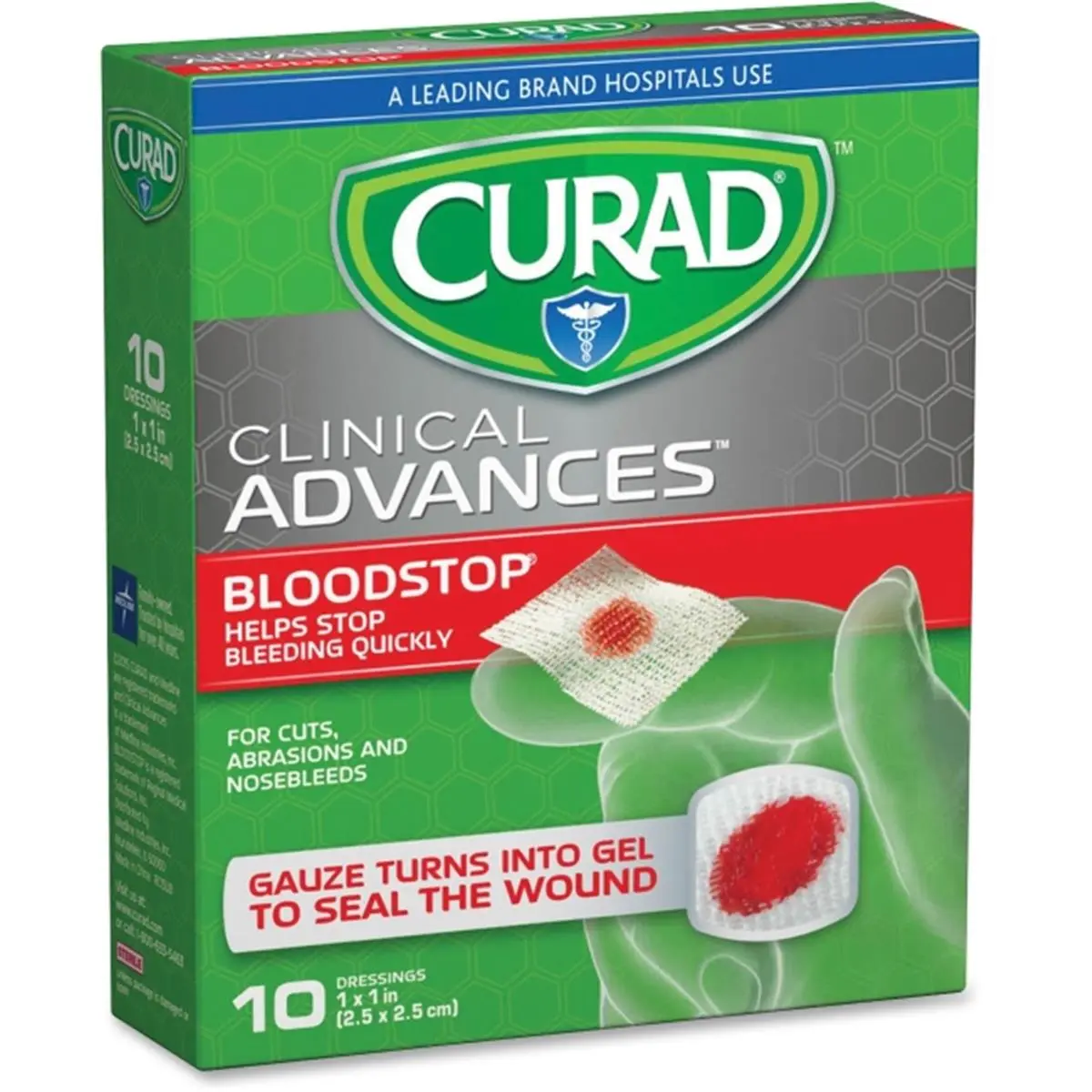 CURAD Gel-Forming Blood Stop Gauze Kit, 10 Latex-Free 1x1 in Nonirritating Plasters, Tamper-Evident Packets, Medical First Aid Supply for Bleeding Control, Cut/Abrasion/Nosebleed Care, Gel Conversion & Wound Healing