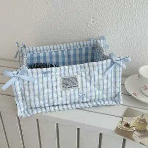 Blue Striped Bowknot Decorative Quilted Multi-Functional Storage Basket, Skincare Organizer, Cosmetics Tray, Home Décor