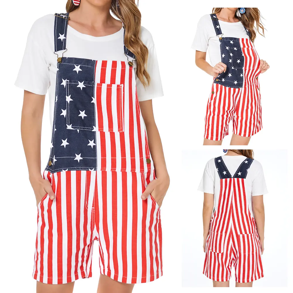 Women 250th Anniversary Shorts 4th of July American Flag Overalls USA Stretchy Denim Romper Memorial Day Coveralls Patriotic Gifts for Mom Workwear Summer Jumpsuits Fashion Womenswear Daily Outdoor Outfits
