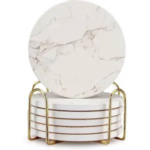 6 Pack White Marble Coaster Set with Holder, Absorbent Ceramic Cork Drink Coasters for Bar Dining Coffee Table, Modern Cute Decorative Coasters Ideal Gift for Coffee Beer Tea Cup