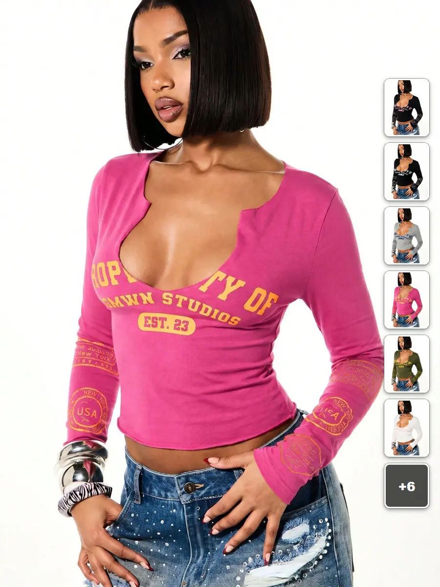 Long Sleeve Graphic Crop Top Scoop Neck Y2K Streetwear Fall Winter Outfit