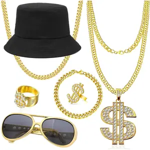 90s Hip Hop 80s Costumes Outfit Kit for Men Women Fake Gold Chain Necklace Dollar Sign Jewelry Rapper Accessories