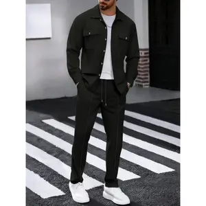 Men's Collared Shirt & Pants Set, Two-Way Button Design, Dual Pockets, Drawstring Waist, Side Pockets, Waffle Texture, Casual Fashion