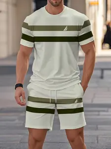 Men's Printed Simple Striped Short Sleeve T-Shirt & Shorts Set, Casual Sportswear, Breathable Outdoor Summer
