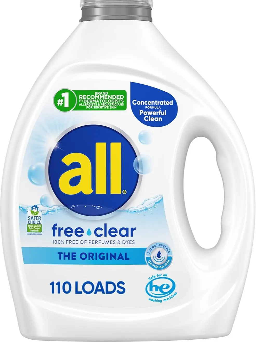 all free clear, Original, Liquid Laundry Detergent for Sensitive Skin, Unscented and Hypoallergenic, Concentrated, 82.5oz, 110 Loads