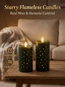 Fiber optic flameless paraffin candles, with remote control, flashing battery-powered cylindrical candles, 2-pack Decor