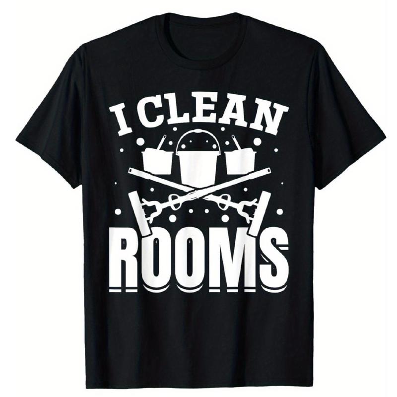 Men's 'I Clean the Room' Pattern T-Shirt - Black with White Cleaning Tool Design, High Elasticity Regular Fit Casual T-Shirt Suitable for Nannies and Cleaning Enthusiasts, Machine Washable, Nanny Uniform, Fun Printed Shirt, All-Season Clothing