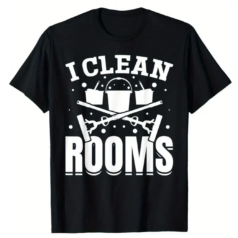 Men's 'I Clean the Room' Pattern T-Shirt - Black with White Cleaning Tool Design, High Elasticity Regular Fit Casual T-Shirt Suitable for Nannies and Cleaning Enthusiasts, Machine Washable, Nanny Uniform, Fun Printed Shirt, All-Season Clothing
