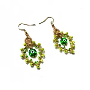 Evil Eye Dangling Earrings "Ivy" Wire Wrapped beaded Jewelry