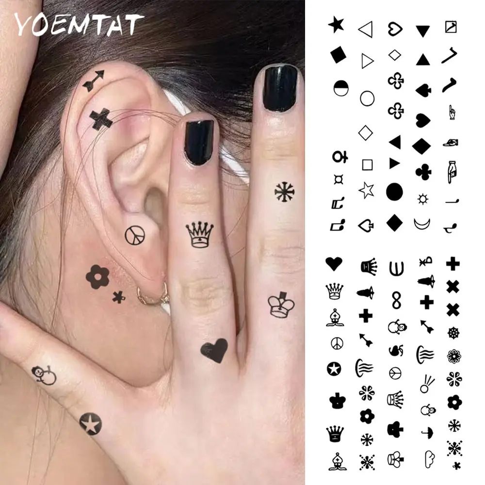 2pcs Waterproof Temporary Tattoo Sticker Dark Style Small Symbols Love Star Moon Musical Note Plus Minus Crown Expression Triangle Diamond Geometry Finger Pattern Body Art Arm Fake Tattoos For Women Men Wrists Neck Shoulders Legs Ankles