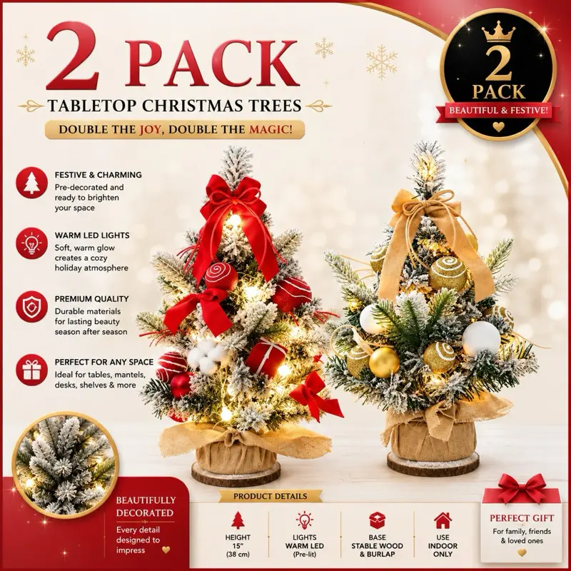 2-Pack Pre-Lit Tabletop Christmas Trees - 15in Mini Holiday Decorations with Warm LED Lights, Ornaments, and Burlap Base