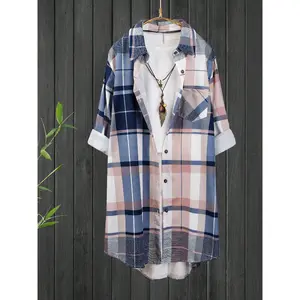 Plus Size Oversized Checkered Shirt Women 2024 Korean Style Casual Long Sleeve Lapel Button Down Tops Khaki Plaid Vneck Blouse