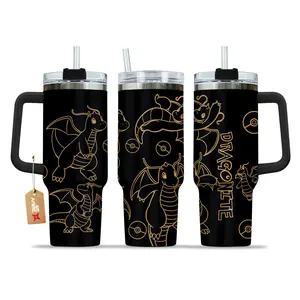STORMMECH- Dragonite 40oz Handle Tumbler – PKM Stainless Steel Travel Mug, Anime Inspired Vacuum Insulated Cup, Large Iced Coffee Tumbler, Manga Fighter Drinkware, Otaku Gift for Him Her