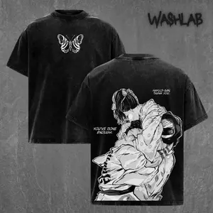 Retro Akaza vs Koyuki Demon Slayer Kimetsu no Yaiba Graphic Tee Washed – Double Sided Print Oversized Acid-Washed Heavyweight Cotton T-Shirt – Unisex Anime Tee, Perfect Gift for Anime Fans and Lovers Menswear Tops