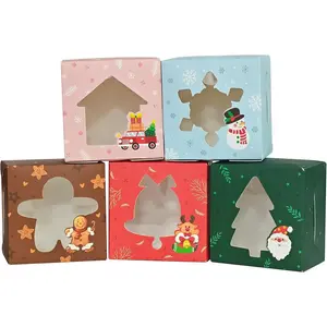 25 count Christmas Cookie Boxes for  Giving Small 5 Design Exchange with Window Packaging for Desserts, Pastry, Auto-Popup Holiday