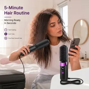3-in-1 Cordless Ionic Hair Straightening Brush – Fast Heating Ceramic Hair Straightener Comb with Anti-Frizz Technology, 4 Heat Settings, USB Type-C Rechargeable, LCD Temperature Display for Straight & Curly Styling