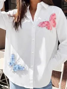 ASANDY Women’s Collared White Button-Down Blouse - Long Sleeve Top with 3D Floral Butterfly Pearl Applique, Casual Elegant Style