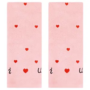 REGALWOVEN Valentine's Day Cotton Hand Towels Letter Heart Love Pattern Bathroom Decorative Absorbent Towel Set for Cleaning Drying 2 Pack Pink